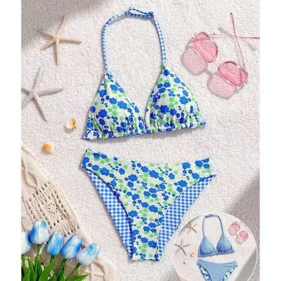 CCRFTGI Girls Swimsuit 2 Piece V Neck Bikini Set Cute Floral Gingham Halter Triangle Wireless Bikini Bathing Suit Summer Swimwear with Adjustable Strap Light Blue 5-6 Years
