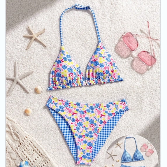 CCRFTGI Girls Swimsuit 2 Piece V Neck Bikini Set Cute Floral Gingham Halter Triangle Wireless Bikini Bathing Suit Summer Swimwear with Adjustable Strap Purple 12-13 Years