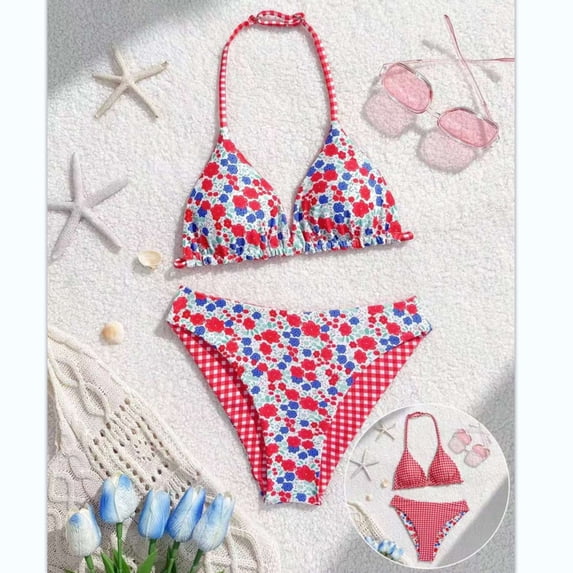 CCRFTGI Girls Swimsuit 2 Piece V Neck Bikini Set Cute Floral Gingham Halter Triangle Wireless Bikini Bathing Suit Summer Swimwear with Adjustable Strap Red 5-6 Years