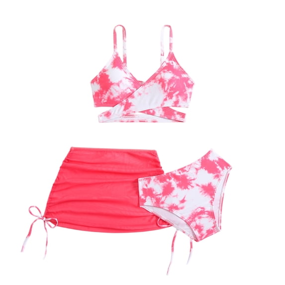 CCRFTGI Girls Swimsuit 3 Piece Summer Cute Bathing Suit Allover Printed Criss Cross Bikini Set with Cover Up Skirt Beach Swimwear 2-12 Years Watermelon Red 2-3 Years
