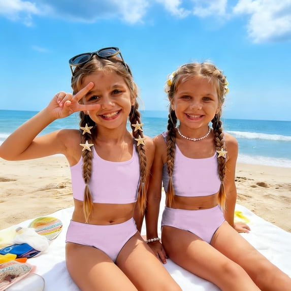 CCRFTGI Girls Swimsuit Size 10-12 2 Piece Set Swimming Bikini Set Beach Holiday Girls Bathing Suit Summer Cute Solid Girls Clothes Tankini Swimsuits Swimwear Light pink 3-4 Years