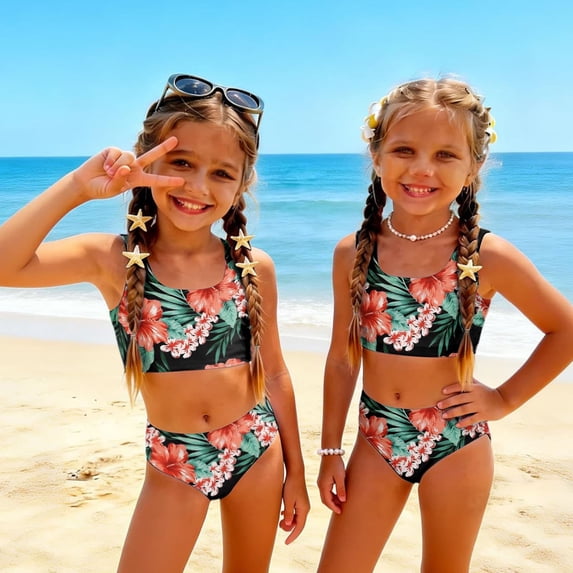 CCRFTGI Girls Swimsuit Size 6-7 2 Piece Set Swim Vacation Bathing Suits Beach Vacation Hawaiian Tropic Girls Bikini Cute Summer Girls Clothes Swim Suit Kids Bikini Black 1-2 Years