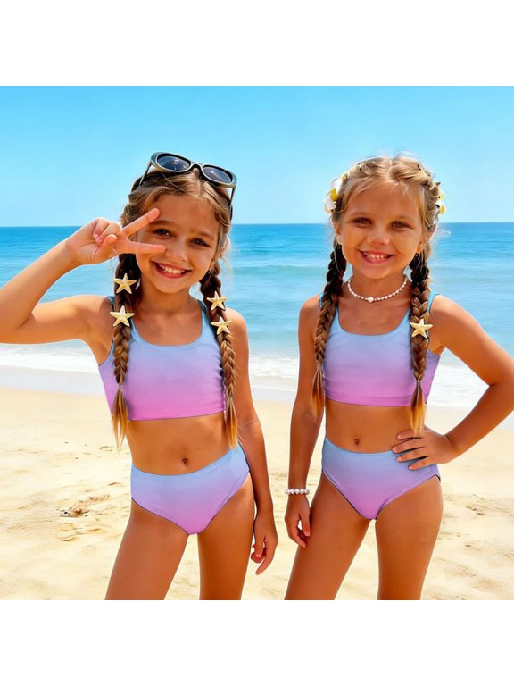 Girls Swimsuit Size 6-7 2 Piece Set Swimming Girls Bathing Suit Beach Vacation Gradient Bikini Set Summer Cute Girls Clothes Swim Suit Kids Bikini Light Blue 7-8 Years