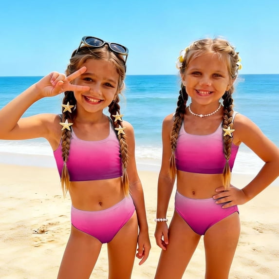 CCRFTGI Girls Swimsuit Size 7-8 Two Piece Sets Swimming Bikinis Beach Vacation Bathing Suit Cute Summer Gradient Girls Fashion Swim Suit Kids Bikini Swimwear Hot Pink 2-3 Years
