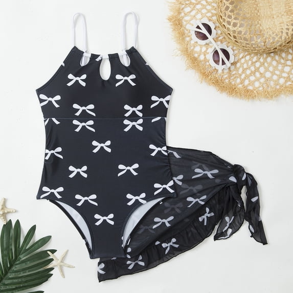 CCRFTGI Girls Swimsuits Size 10-12 Summer Adjustable Straps One Piece Bathing Suit with Mesh Cover Beach Swimwear Bow Print Swim Vacation Girls Fashion Bathing Suits Black 9-10 Years