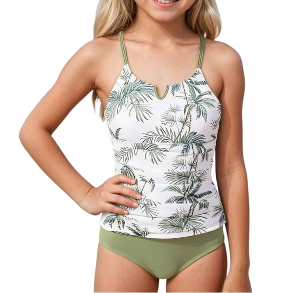 CCRFTGI Girls Swimsuits Size 10-12 Summer Sleeveless 2 Piece Cute Tankini Beach Sport Swimsuits Swim Vacation Girls Clothes Girls Bathing Suit White 5-6 Years