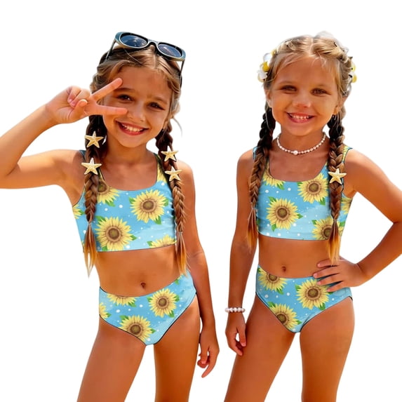 CCRFTGI Girls Swimsuits Size 7-8 Two Piece Sets Swimming Bathing Suits Beach Holiday Floral Print Bikini Set Cute Summer Girls Clothes Swim Suit Kids Bikini Blue 3-4 Years