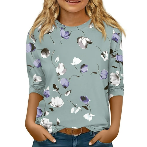 CCRFTGI Girls Tops 12-14 3/4 Length Sleeve Casual Floral Prints Pullover Shirts Round Neck Comfy Soft Preppy Clothes Light Gray 9-10Years