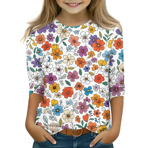 CCRFTGI Girls Tops 12-14 3/4 Length Sleeve Cute Prints Pullover Shirts Crew Neck Soft Comfy Tee Top Vermilion 7-8Years