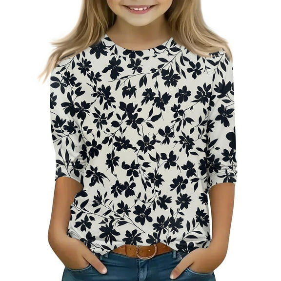 CCRFTGI Girls Tops 12-14 3/4 Length Sleeve Fashion Floral Prints T-Shirt Round Neck Comfy Soft Tee Top Gray 10-11Years