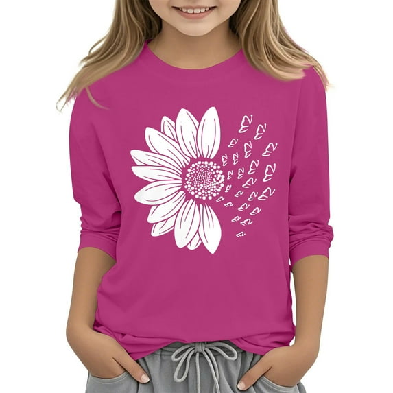 CCRFTGI Girls Tops Cute 3/4 Length Sleeve Sunflower Print Tee Shirts Round Neck Solid Tunic Tops Oversized Soft 5-14 Years Blouses Hot Pink 14-15Y