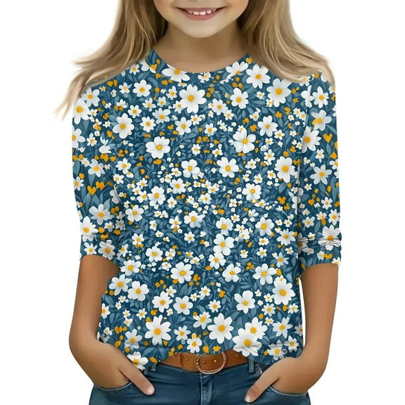 CCRFTGI Girls Tops Size 10-12 3/4 Length Sleeve Cute Floral Graphics T-Shirt Round Neck Comfort Soft Tee Top Blue 9-10Years