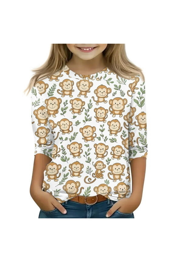 Girls Tops Size 10-12 3/4 Sleeve Fashion Prints Pullover Shirts Round Neck Soft Comfy Tops Blouse Khaki 6-7Years