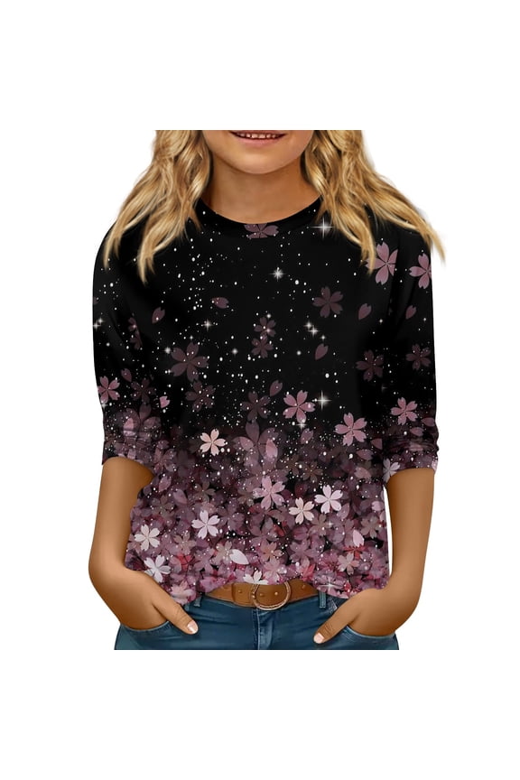 Girls Tops Size 10-12 3/4 Sleeve Shirts Fall Cute Shirts Size 10-12 Kids Crewneck Tee Shirt Trendy Plain Tween Girls Floral Print Clothes Pink 9-10Years