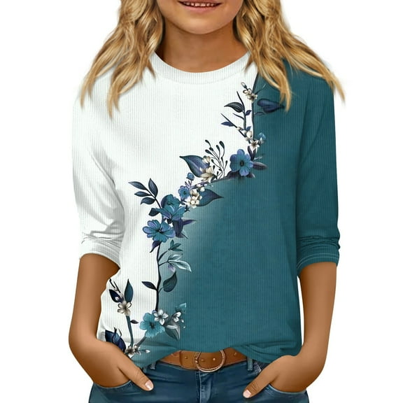 CCRFTGI Girls Tops Size 13-14 3/4 Sleeve Shirt Blue Kids Crewneck Size 10-12 Basic Ribbed Knit T Shirts Cute Tween Girls Floral Print Clothes Trendy Fall Floral Print Outfits Blue 13-14 Years