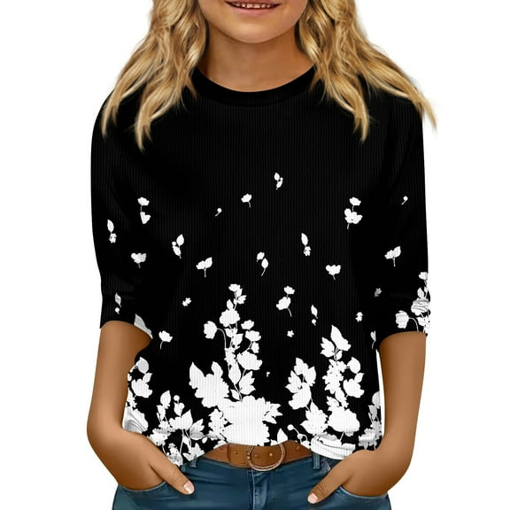 CCRFTGI Girls Tops Size 13-14 3/4 Sleeve Shirt Fall Cute Black Shirts Crewneck Size 10-12 Ribbed Knit T-shirts Trendy Kids Tween Girls Floral Print Clothes Black 13-14 Years