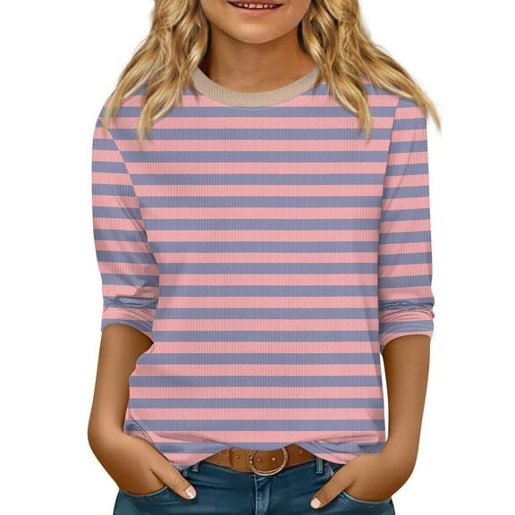 CCRFTGI Girls Tops Size 13-14 3/4 Sleeve Shirt Size 10-12 Pink Plain Tween Girls Striped Clothes Kids Crewneck Cute Ribbed Knit T Shirts Trendy Fall Striped Outfits Pink 13-14 Years