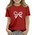 thumbnail image 1 of CCRFTGI Girls Tops Trendy Short Sleeve Bowknot Graphic Shirt Round Neck Solid Tops Oversized Loose Comfy 5-14 Y Clean Girl Clothes Red 9-10Y, 1 of 5