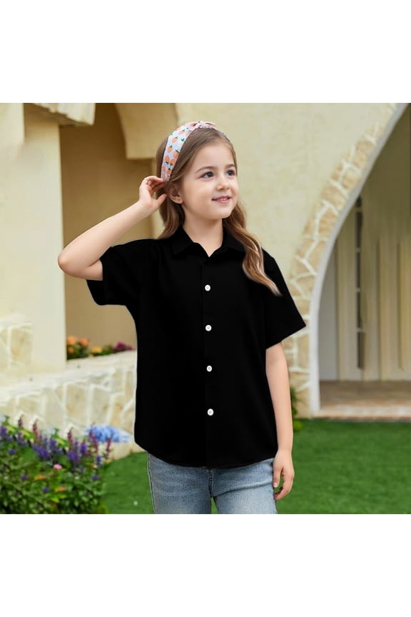 Girls Uniform Shirts Size 8 Short Sleeve Casual Button Down Dress Shirt for Kids Back To School Cute Girls Clothes Classic Summer T-Shirts Black 5-6 Years
