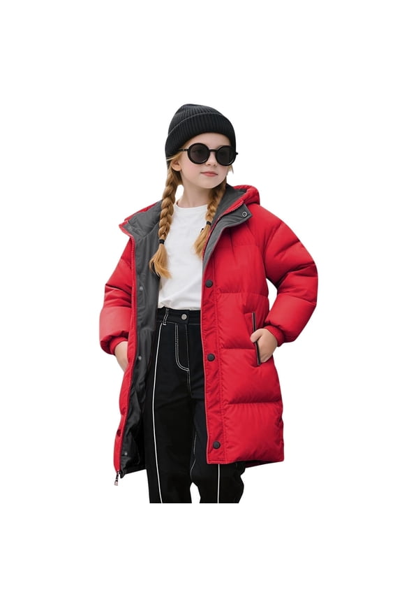 Girls Winter Coat Size 10-12 Heavyweight Thickened Coats Quilted Zip Up Puffer Jacket Essentials Warm Hooded Jackets Outwear Red 7-8Years
