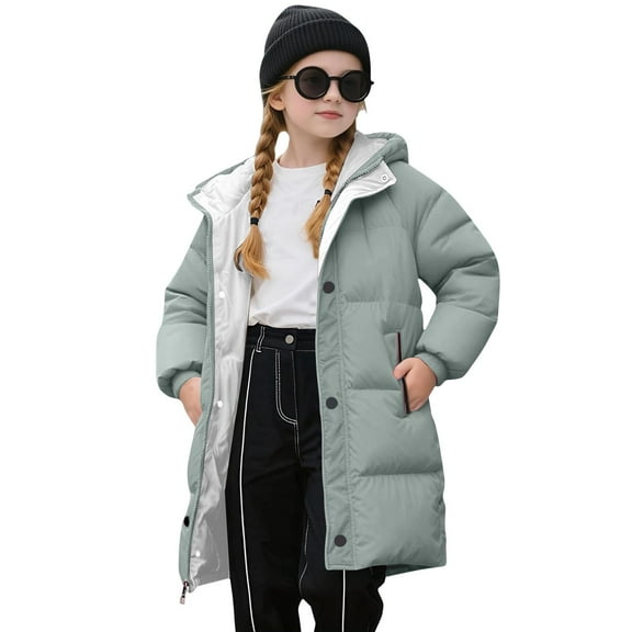 CCRFTGI Girls Winter Coat Size 10 Heavyweight Thickened Coats Quilted Zip Up Puffer Coat Trendy Warm Hooded Outwear Coat Green 9-10Years