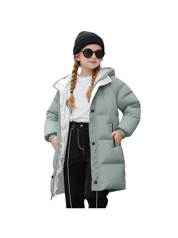 Girls Winter Coat Size 2-12 Heavyweight Thickened Coats Quilted Zip Up Puffer Jacket Essentials Warm Hooded Jackets Outwear Green 7-8Years