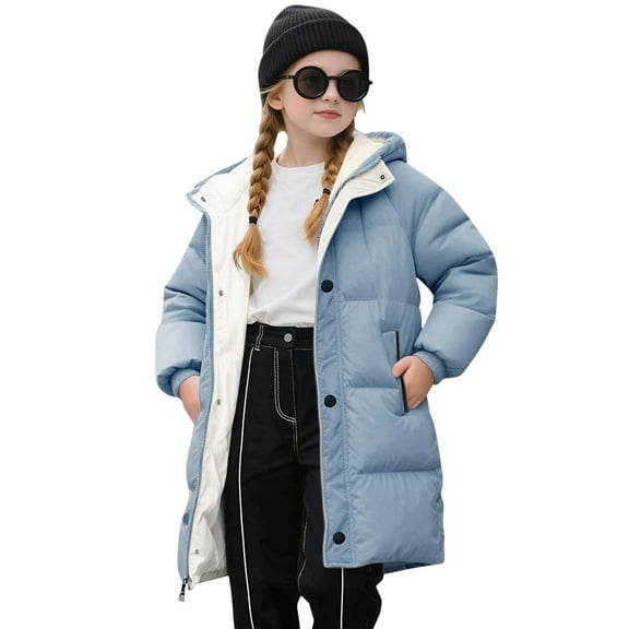 CCRFTGI Girls Winter Coat Size 8 Heavyweight Thickened Coats Quilted Zip Up Puffer Coat Essentials Warm Hooded Jackets Blue 7-8Years