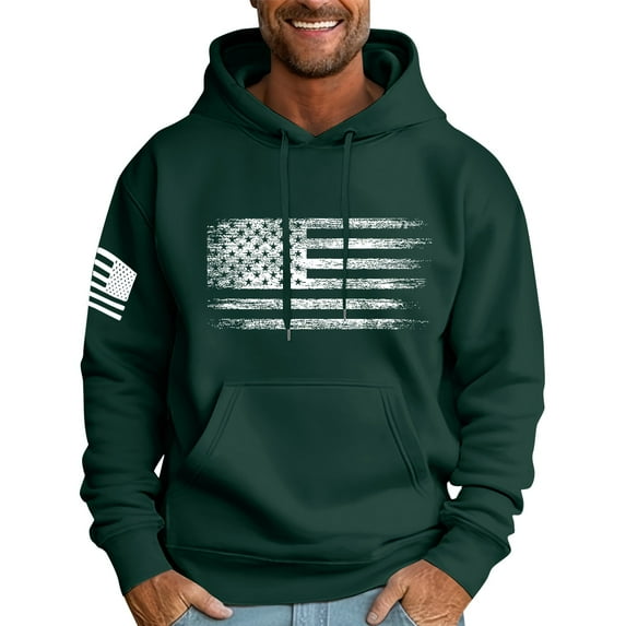 CCRFTGI Graphic Hoodies for Men Fashion American Hoodie Big and Tall Hooded American Flag Sweatshirt Men Fleece Drawstring American Flag Jacket with Pocket Dark Green XL