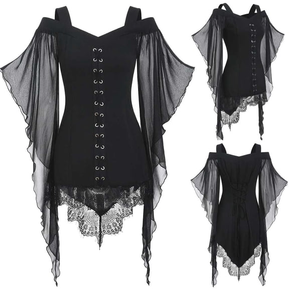 CCRFTGI Halloween Gothic Shirts for Women Butterfly Sleeve Cold Shoulder Renaissance Shirts Mesh Sheer Blouse Vintage Dark Clothes Black M