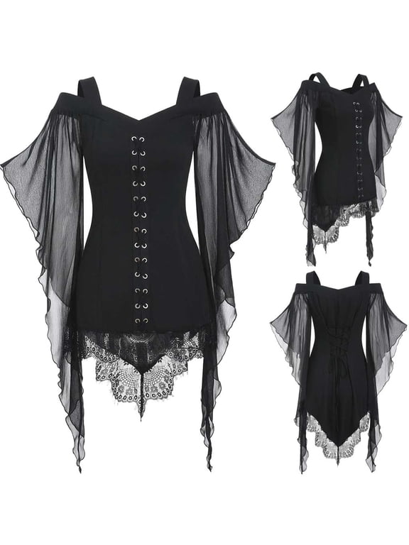 Halloween Gothic Shirts for Women Butterfly Sleeve Cold Shoulder Renaissance Shirts Mesh Sheer Blouse Vintage Dark Clothes Black M