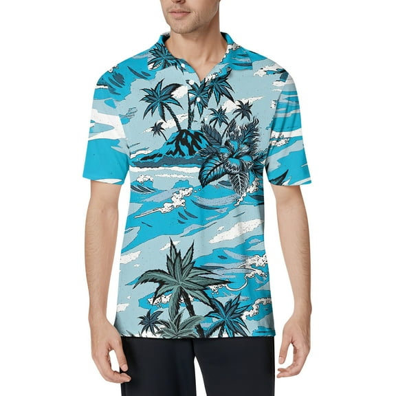 CCRFTGI Hawaiian Shirt for Men Casual Cotton Short Sleeve Polo Shirts Summer Plain Shirts for Men Vacation Palm Trees Graphic Button Down Mens T Shirts,Sky Blue XL
