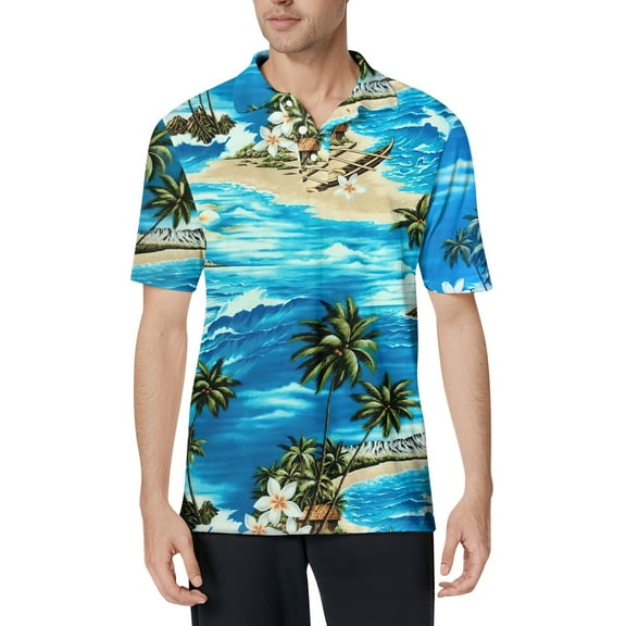 CCRFTGI Hawaiian Shirt for Men Clearance Cotton Short Sleeve Polo Shirts Summer Blue Mens Shirts Beach Palm Trees Printed Button Up Mens T Shirts,Blue S