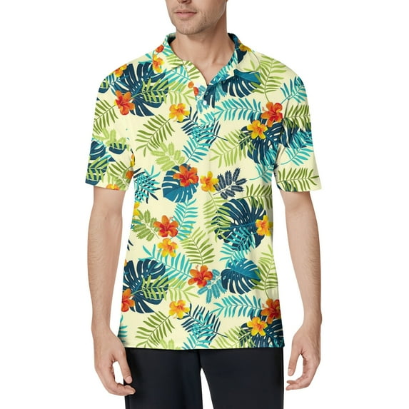CCRFTGI Hawaiian Shirt for Men 3x Cotton Short Sleeve Polo Shirts Summer Yellow Shirts for Men Beach Palm Trees Print Button Up Mens T Shirt,Yellow M