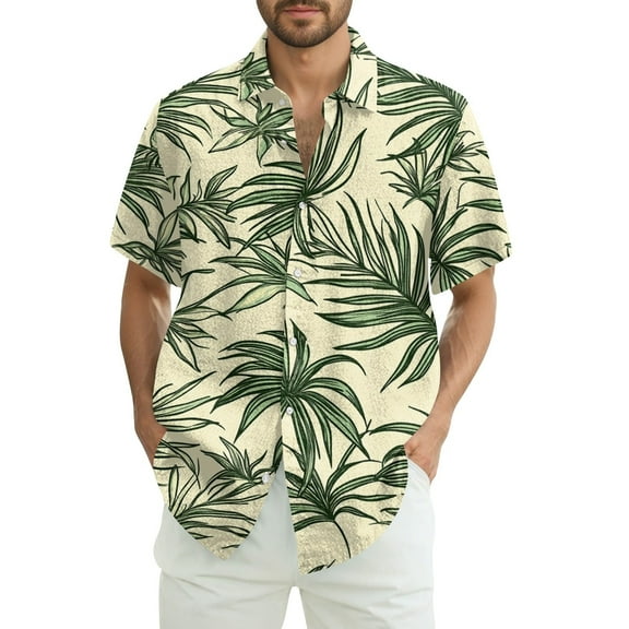 CCRFTGI Hawaiian Shirt for Men 3xl Beach Green Mens T Shirts Summer Button Up Mens Tshirts Short Sleeve Leaf Printed Tees,Green 2XL