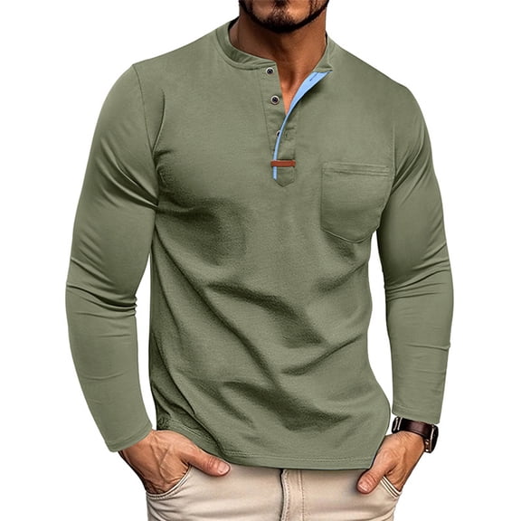 CCRFTGI Henley Shirts for Men Long Sleeve Big and Tall Button T-Shirt Fashion Loose Fall Spring Pullover Shirt with Pockets Army Green M