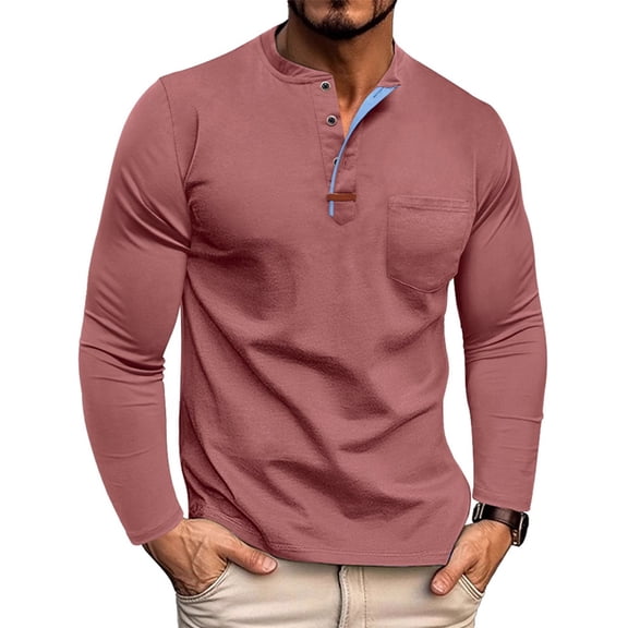 CCRFTGI Henley Shirts for Men Long Sleeve Casual Button T-Shirt Fashion Classic Fall Pullover Shirt with Pockets Vermilion XXL