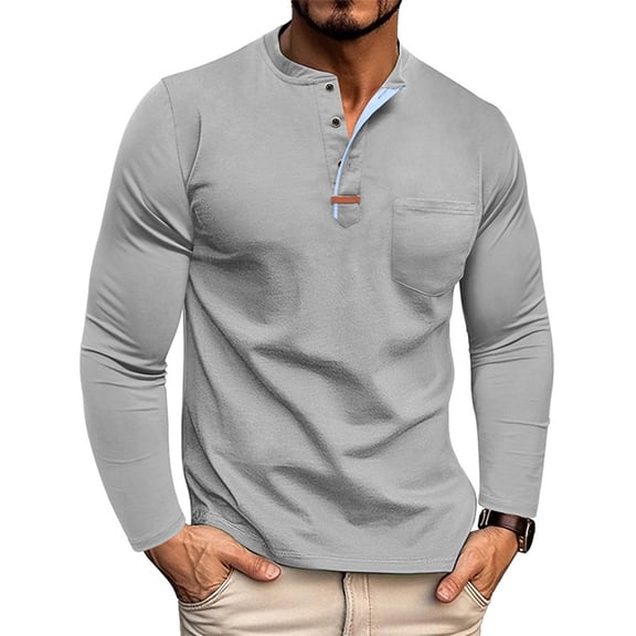 CCRFTGI Henley Shirts for Men Long Sleeve Casual Button T-Shirt Stylish Classic Fall Pullover Shirt with Pockets Light Gray M