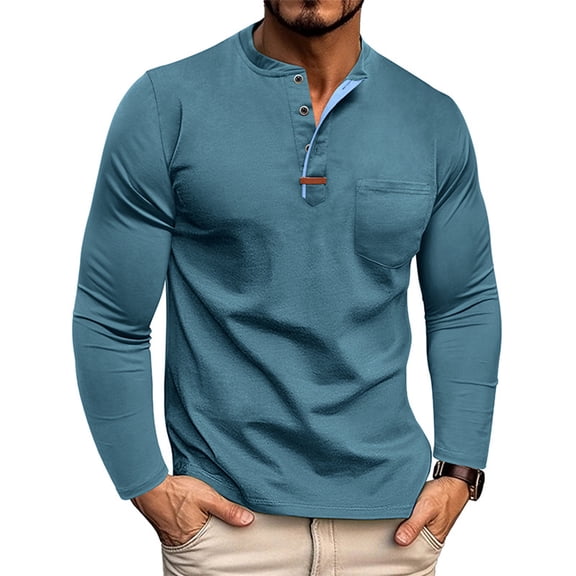 CCRFTGI Henley Shirts for Men Long Sleeve Casual Button T-Shirt Stylish Loose Fall Spring Pullover Shirt with Pockets Blue XXXL