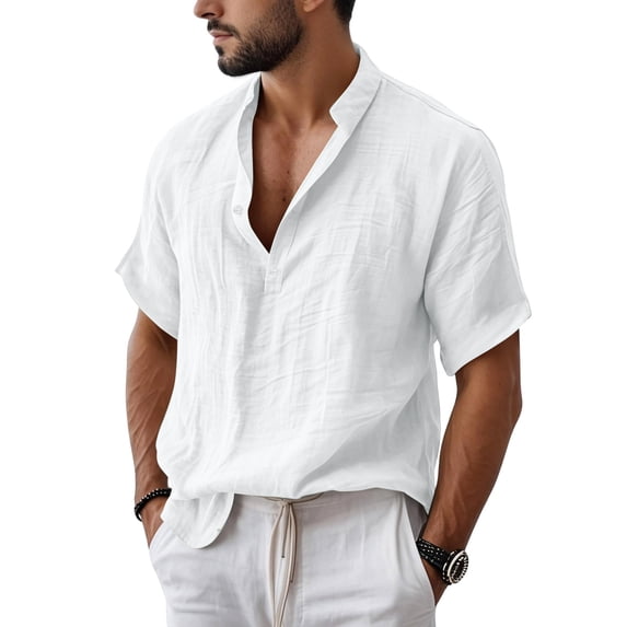 CCRFTGI Henley Shirts for Men Summer Big and Tall Button Down Collar T-Shirt Short Sleeve Lightweight Beach Hippie Mens T-Shirts White 3XL