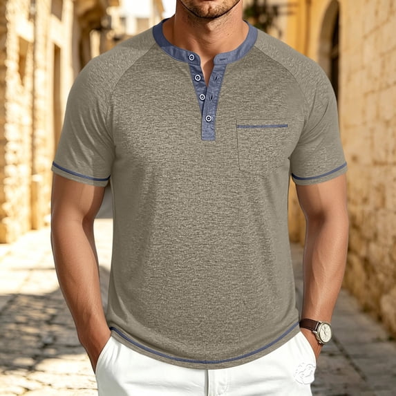 CCRFTGI Henley Short Sleeve Shirt for Men Lightweight Casual 4 Button Tees Tops Classic Work T-Shirts with Pocket Khaki 2XL