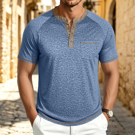 CCRFTGI Henley Short Sleeve Shirt for Men Lightweight Casual 4 Button Tees Tops Classic Work T-Shirts with Pocket Light Blue XL