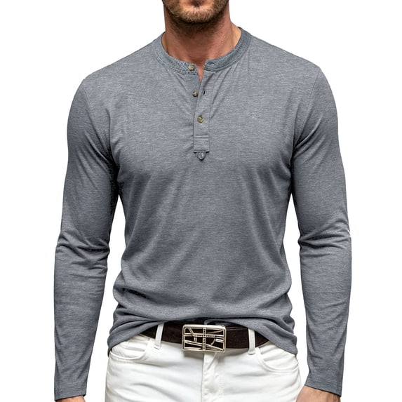 CCRFTGI Henley Tops Lightweight Breathable 4 Button Front Fashion Daily Athletic Long Sleeve Tees Shirts Light Gray M