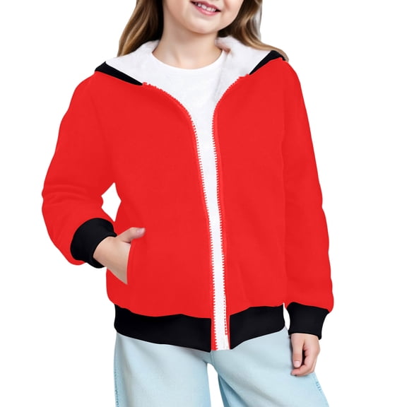 CCRFTGI Hooded Jacket for Boys Girls Casual Fleece Sherpa Sweatshirt Outerwear Size 7 Soft Warm Zip-Up Winter Outdoor Coat Red 11-12Y