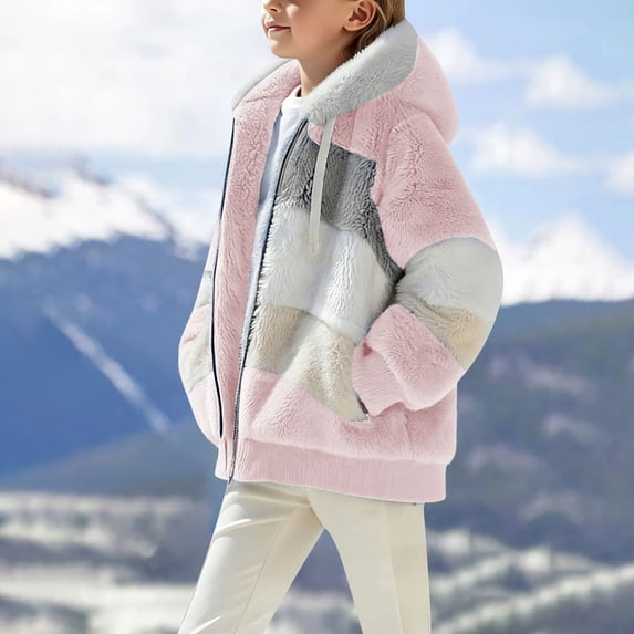 CCRFTGI Hoodie for Child Boys Girls 10-12 Sherpa Patchwork Fleece Lined Full Zip Hoodie Fashion Fall Winter Jacket Fluffy School Uniform Sweater Pink 12-13 Years