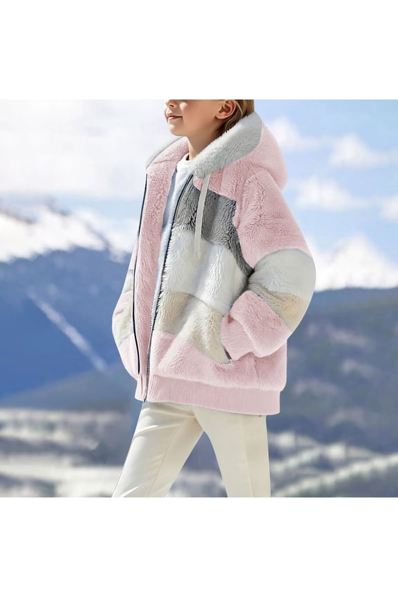 Hoodie for Child Boys Girls 10-12 Sherpa Patchwork Fleece Lined Full Zip Hoodie Trendy Winter Spring Jacket Fluffy School Uniform Sweater Pink 5-6 Years