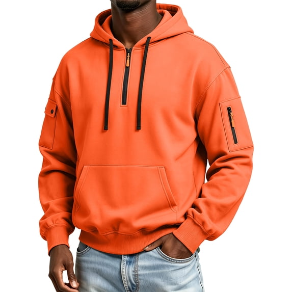 CCRFTGI Hoodies for Men 1/4 Zip Casual Big and Tall Cargo Sweatshirts Fall Fashion Pullover Hoodie Orange XL