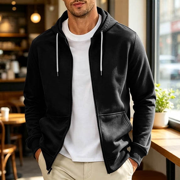 CCRFTGI Hoodies for Men Full Zip Up Athletic Oversized Hooded Jacket Long Sleeve Fall Winter Sweatshirts for Men Black L