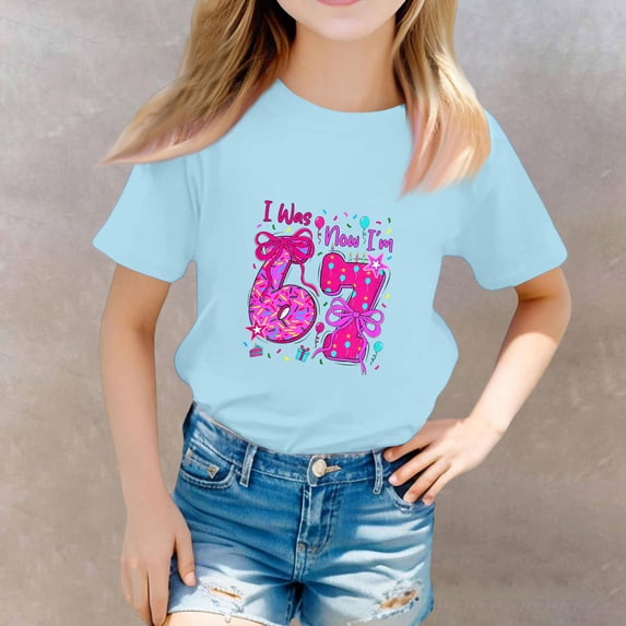 CCRFTGI I Was 6 Now Im 7 Shirt for Child Girls Boys 10-12 Cute Party Tee Top Summer Shirts Girls Fashion Light Blue 2-3 Years