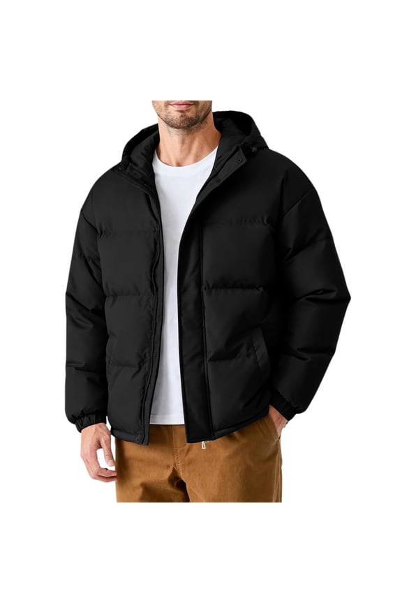 Jackets for Men Casual Windproof Jacket Big & Tall Thickened Puffer Jacket Soft Winter Coat with hooded Black L