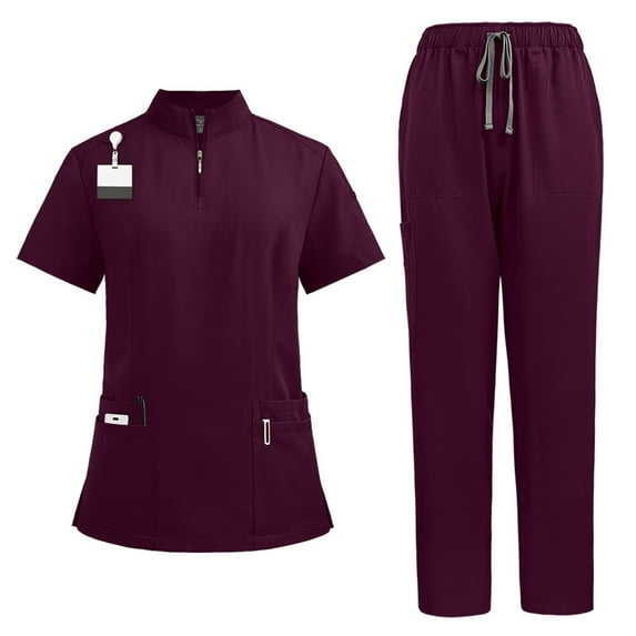 CCRFTGI Jogger Scrubs for Women Plus Size Scrub Joggers Petite Mock Neck Scrub Tops and Pants Medical Scrubs Nurse Uniforms with Pockets Wine XL